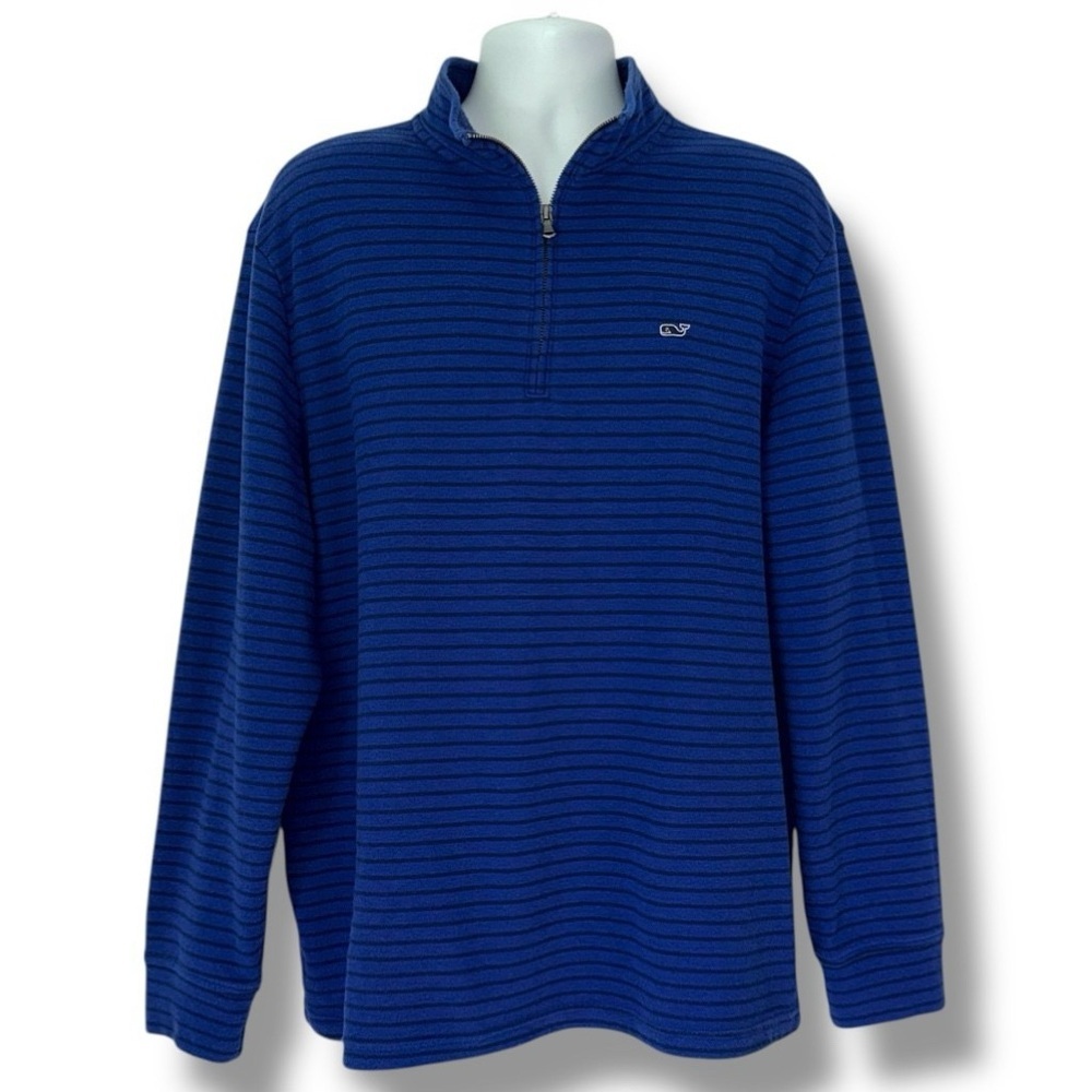 Vineyard Vines Quarter Zip Pullover Mens XL Blue Stripe Whale Logo Cotton Blend